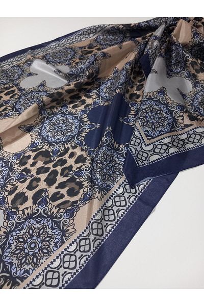 HAREM SCARF Navy Blue Beige Leopard Ethnic Pattern Brisa Shawl - 7501-534-Kvs0591