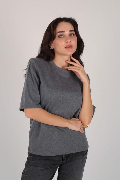 FACETTE Γυναικείο βαμβακερό μπλουζάκι Anthracite Crew Neck με επένδυση