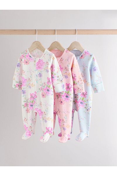 Next Baby 100% Cotton Pastel Floral Patterned 3-Piece Jumpsuit Set