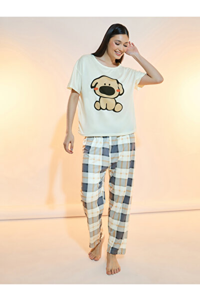 Take Two By Styli Puppy Print T-Shirt & Checked Pyjama Set