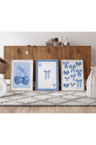 POSTER Cherry blue Bow Coquette Çerçevesiz 3'lü Tablo Seti mavi