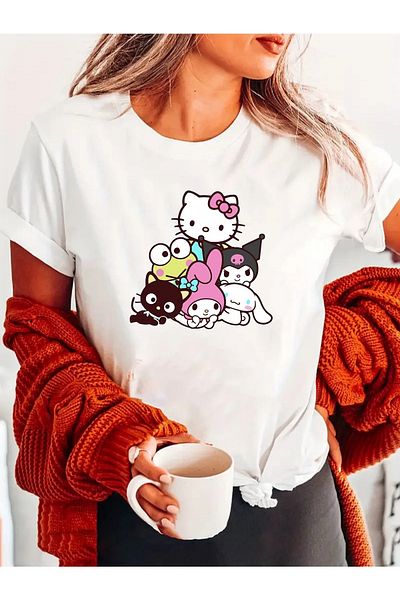 makiteks Tricou imprimat Hello Kitty pentru femei, unisex, supradimensionat, cu decolteu, cu imprimeu, alb, negru, gri