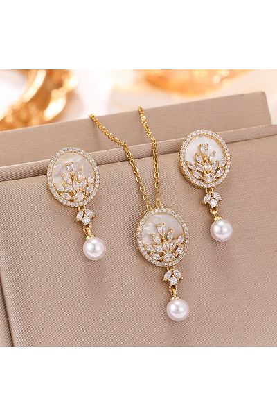 Choice TT-00522-01 Shell two-piece Set For Sale Women's Retro Style Pendant Necklace Earrings Ins Trend Lig