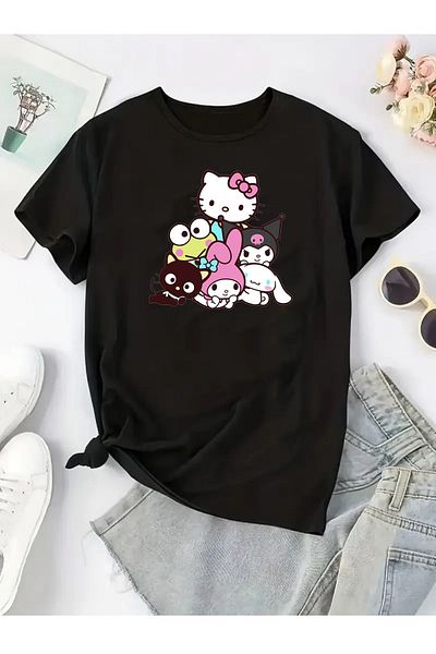 makiteks Μπλουζάκι με στάμπα Hello Kitty Γυναικεία Unisex Oversize Crew Neck Μπλουζάκι με στάμπα λευκό μαύρο γκρι