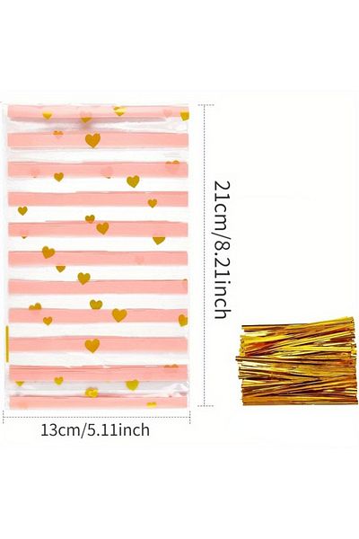 Choice 13x21cm 100PCS 100 Pcs Pink Stripes and Hearts Pattern OPP Bag with Ties for Cookies Candy Popcorn B