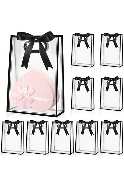 Choice 26x18x8cm 10pcs 10Pcs Clear Plastic Gift Bag with Die Cut Handles Reusable PP Favor Bag with Ribbon