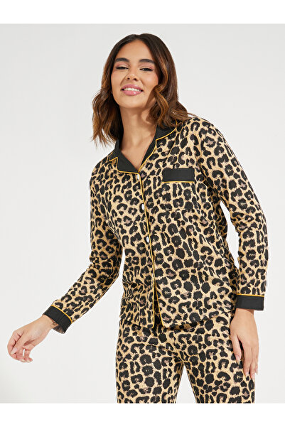 Styli Contrast Leopard Print Button Front Shirt & Pyjama Set