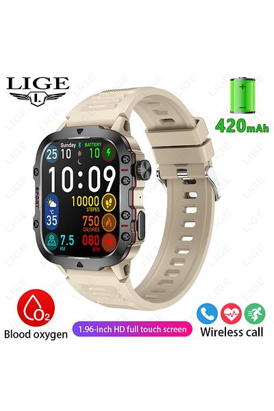 Choice Khaki LIGE New Men Smartwatch SOS Bluetooth Call 1.96'' HD Screen Wristwatch Waterproof Heart Rate M