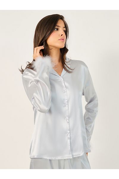 Styli Faux Feather Trim Buttoned Shirt and Pyjama Set