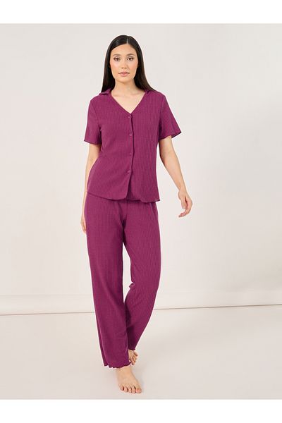 Styli Brushed Rib Lettuce Edge Shirt and Pyjama Set