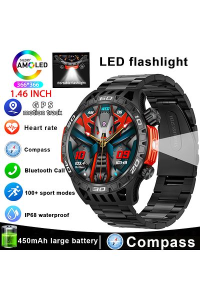 ChiBear Black steel Outdoor Military Smart Watch Men's With LED lighting Bluetooth Call Smartwatch 3ATM IP68