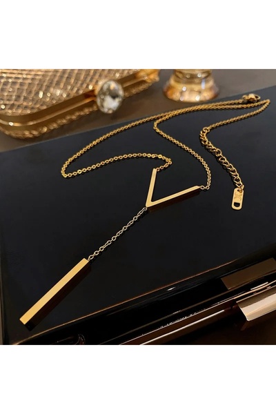 Choice قلادة ذهبية من الفولاذ المقاوم للصدأ على شكل حرف V للنساء، قلادة طويلة...