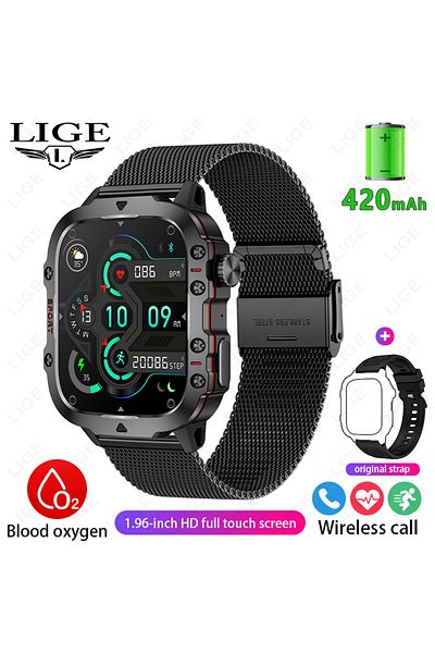 Choice Black mesh belt LIGE New Men Smartwatch SOS Bluetooth Call 1.96'' HD Screen Wristwatch Waterproof He