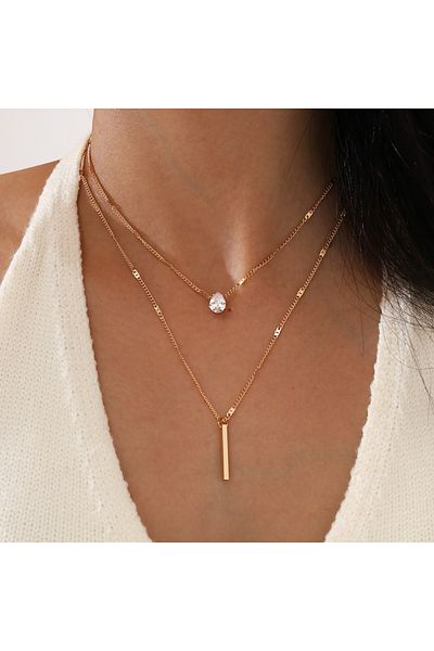 Choice X0764 طقم مكون من قطعتين من قلادة على شكل قطرة ماء متعددة الطبقات من الزركون على شكل عظمة الترقوة قلادة معدنية طويلة بسيطة