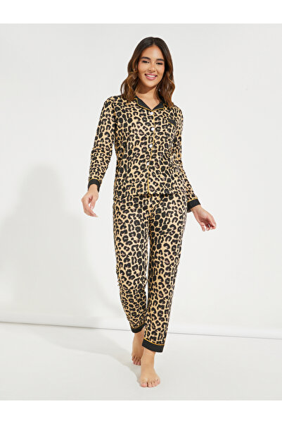 Styli Contrast Leopard Print Button Front Shirt & Pyjama Set