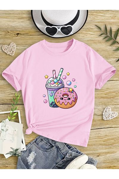 Let's Wear Детска тениска с поничка и млечен шейк, пенирана памучна тениска с кръгло деколте за деца