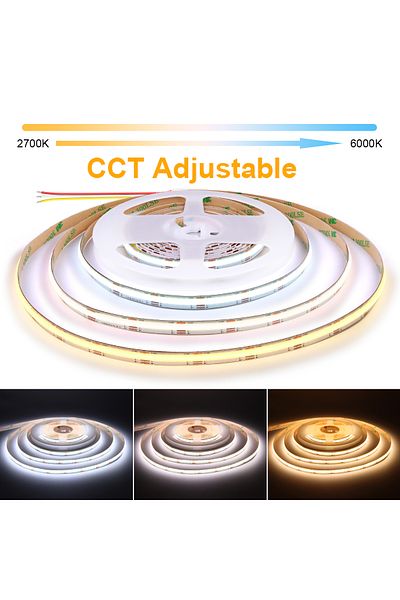 Lcamaw 5m DC24V 2700k-6500k Dual White COB CCT LED Strip Light 2700K to 6500K Changeable 608 LEDs/m Flexibl