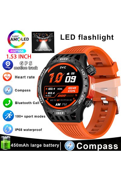 ChiBear orange For Huawei New With LED Flashlight Smart Watch Men 360*360 HD Display 450 mAh Heart Rate Spor