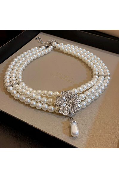 Choice HN5965-1 Rhinestone Flower Pearl Multi-layer Necklaces for Women French Luxury Niche Bracelet Temper