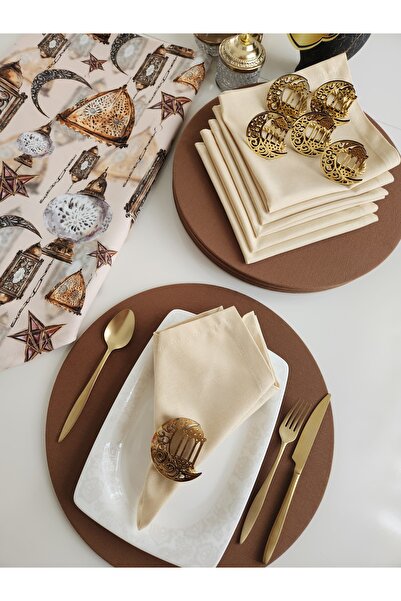 Runner Supla Home 6 Adet Ramazan Özel Hilal Ve Kandil Temalı Peçete Halkası Ve 6 Adet Krem Duck Kumaş Peçete( 35 X35 )