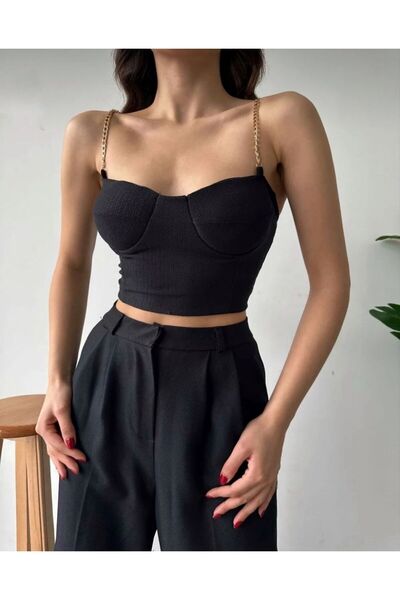 Butik Kadın Gloplu Zincir Askılı Arkası Gipeli Crop Bluz