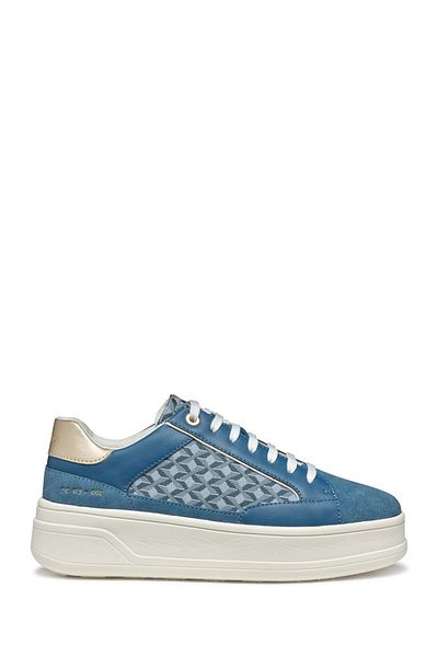 Geox Women's Blue D Spherica Ecub - 2 B - Em.Te + Water Lace Patterned Thick Soled Leather Sneaker D55Wv
