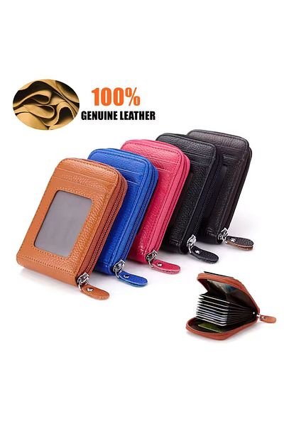 baellerry Unisex 11 Compartment Genuine Leather Zippered Credit Card Holder Wallet