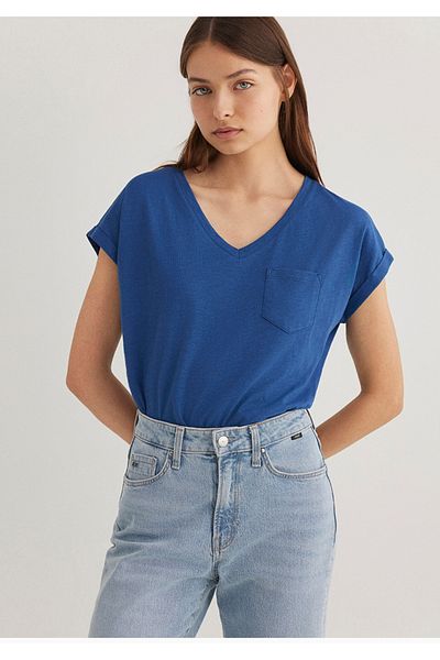 Mavi Tricou cu decolteu în V, cu un singur buzunar