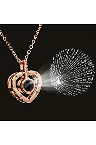 Choice قلادة بروجيكتور من الذهب الوردي بطول 45 سم تحمل عبارة "أحبك 100 لغة" ل...