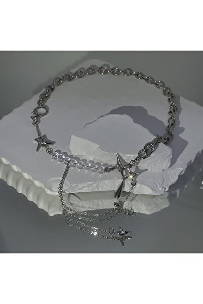 Choice قلادة Y2k سلسلة نجمة غير منتظمة للنساء، قلادة تشوكر من الخرز الشفاف ال...