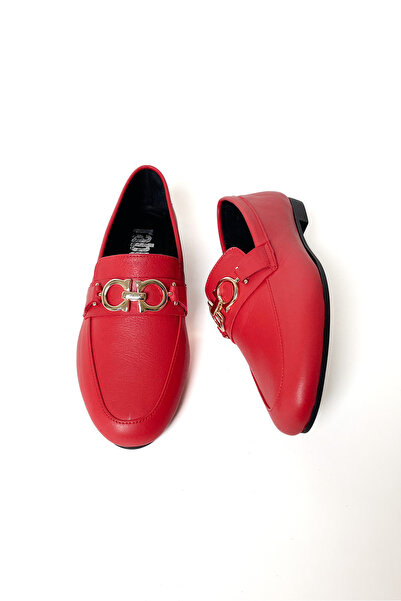 RABU Kırmızı Kadın %100 Hakiki Deri Gold Tokalı Makosen Düz Esnek Taban Ayakkabı