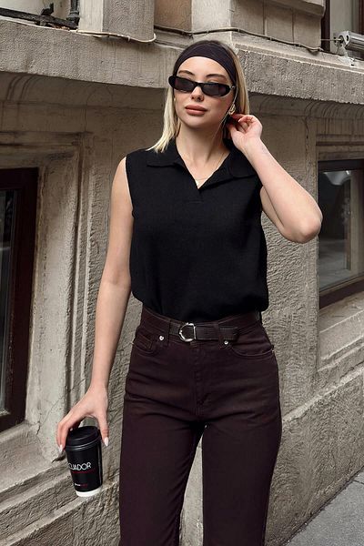 Swist Black Zero Sleeve Polo Neck Knitted Women's Knitwear Blouse
