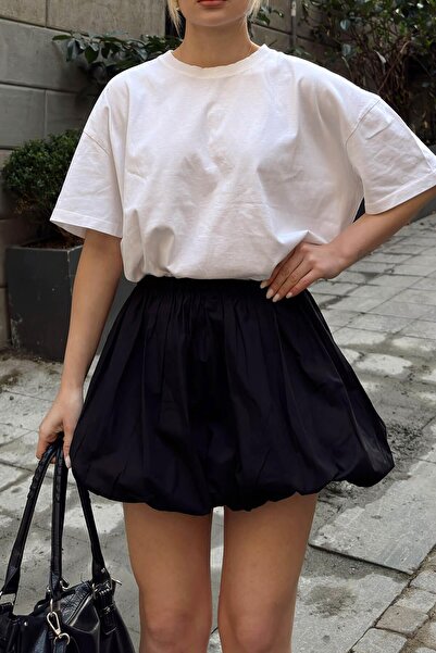 Swist Black Pleated Detailed Women's Balloon Mini Skirt