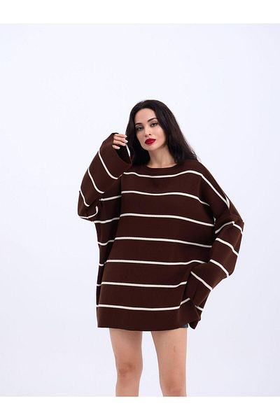 leyla sanat sanata yeni bir bakış açısı Leyla Art a New Perspective on Art 3368 Striped Casual Tunic-Brown-Cream