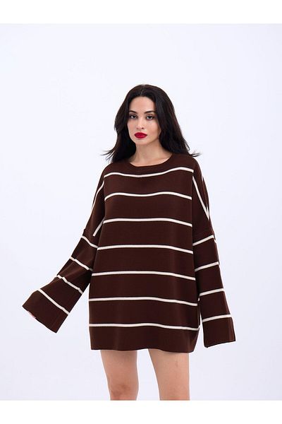 leyla sanat sanata yeni bir bakış açısı Leyla Art a New Perspective on Art 3368 Striped Casual Tunic-Brown-Cream