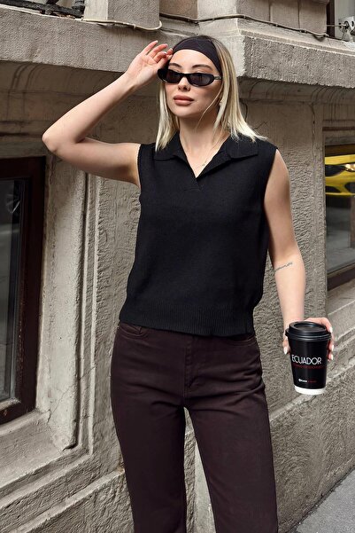 Swist Siyah Sıfır Kol Polo Yaka Örgü Kadın Triko Bluz