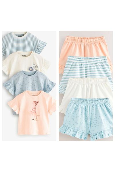 Next Baby Cotton Cream Blue Short Sleeve Shorts 4-Piece Bottom Top Set