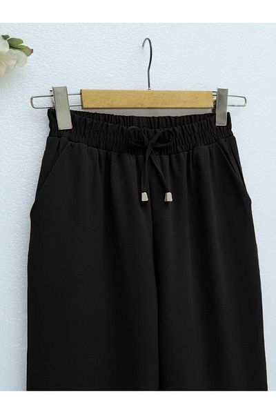 Modamorfo Double Pocket Elastic Waist Lace Detailed Trousers - Black