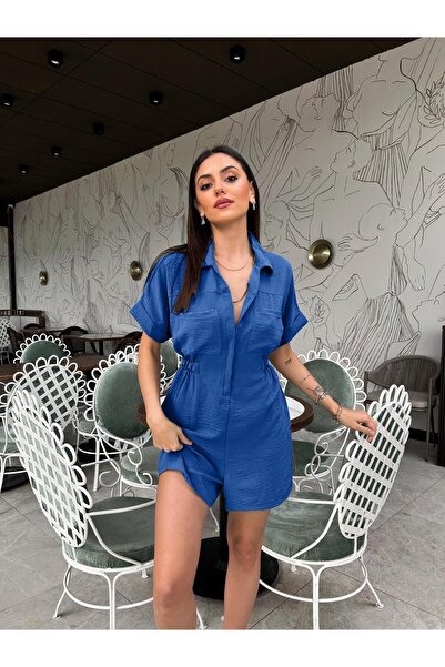 MEECY Kadın Mavi Viskon Şortlu Tulum