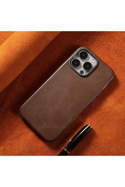 Kipgsm Apple İphone 15 Pro İçin Kılıf Kamera Korumalı Gerçek Deri İşlemeli El...