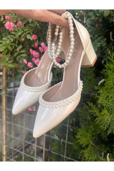 LİNEER Off White Pearl Embroidered 5 Cm Thick Heeled Comfortable Bridal Shoes