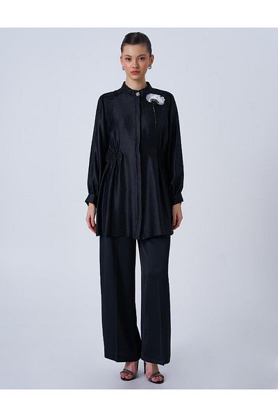 Kayra Satin Tunic with Black Brooch Detail