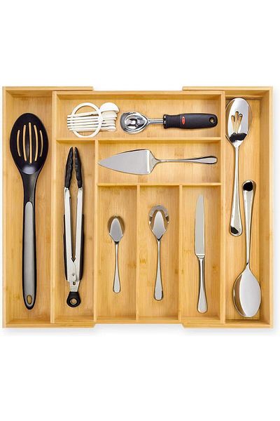 fulina Silverware Organizer, Bamboo Expandable with Grooved Drawer, for Silverware and Flatware