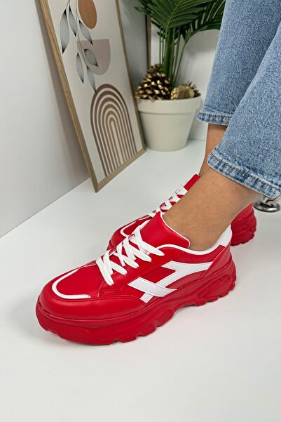 Nstil Red and White Tiger Stripe Comfortable Sneaker - Thick High Sole, Lace-Up 032