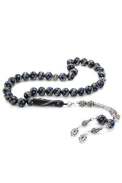 Tesbihane 925 Ayar Gümüş Çift Püsküllü Gümüş-firuze Işlemeli Erzurum Oltu Taşı Tesbih