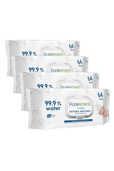 Purelements Natural 99.9% Water Wipes - Pack of 4 - 256pcs
