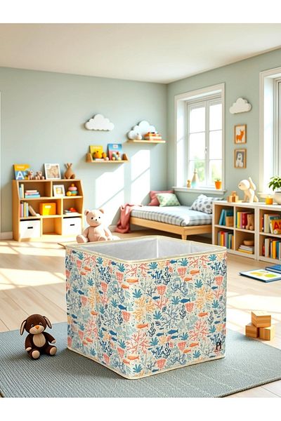 PRENDİ HOME Ocean Patterned Lidless Multi-Purpose Organizer Toy Storage Box 30X30X30