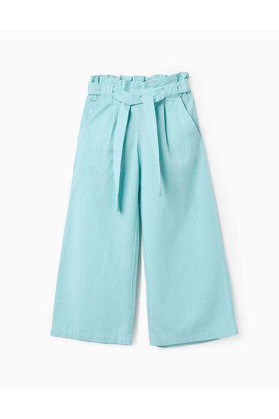 Ziddy Cotton and Linen Trousers for Girls 'Wide Leg', Light Blue