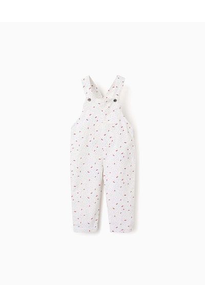 Ziddy Twill Dungarees with Floral Motif for Baby Girls, White