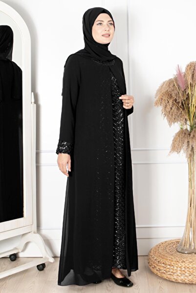 SUBU TASARIM Cape Sequin Detailed Evening Dress Black Tbs854